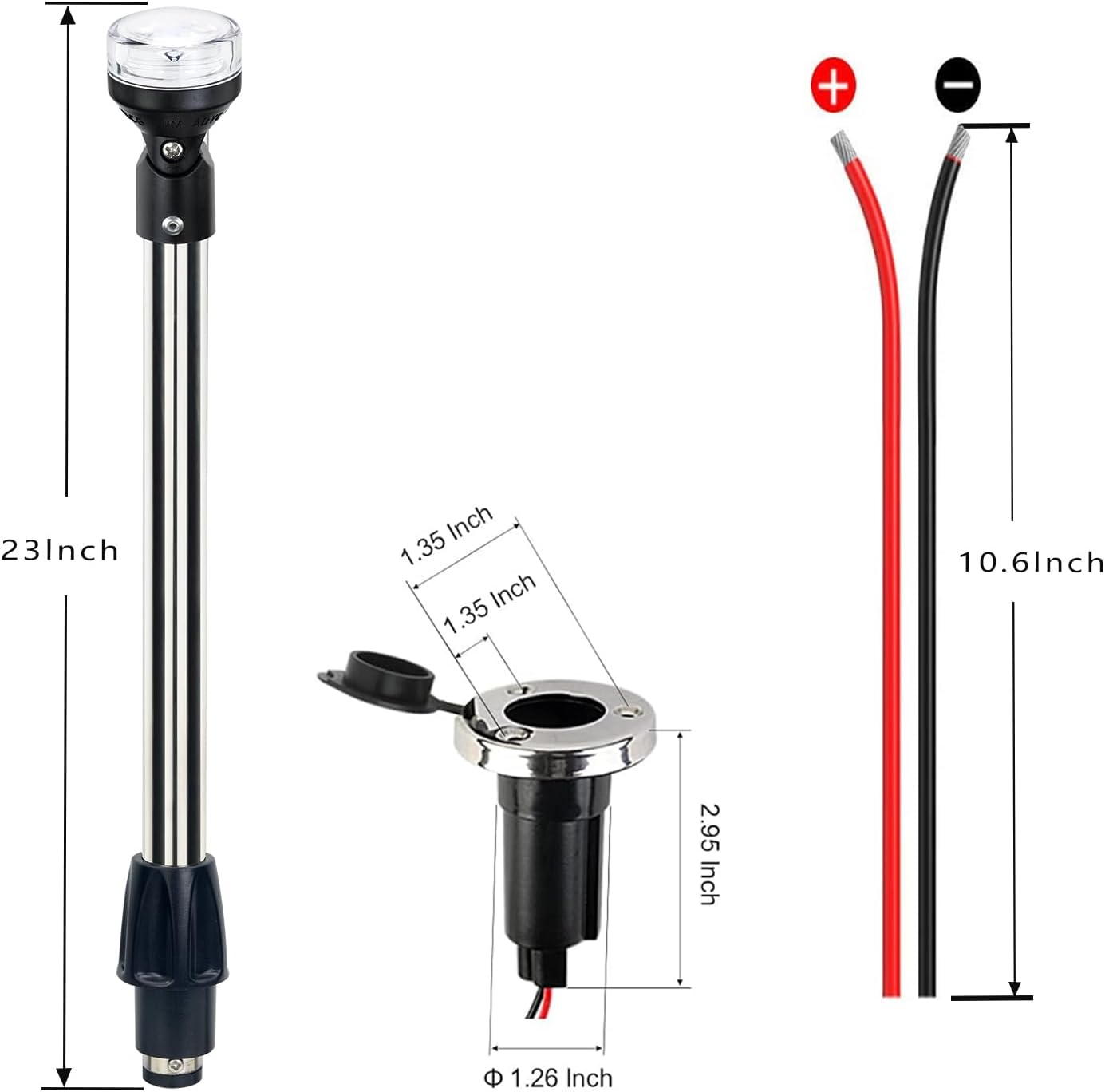 Stern Light Boat Anchor Light Marine Navigation lights USCG 2 NM All Round White LED Removable 2 Pin 12 Volts 24 Inches (Stainless steel Cover with plug-in base)