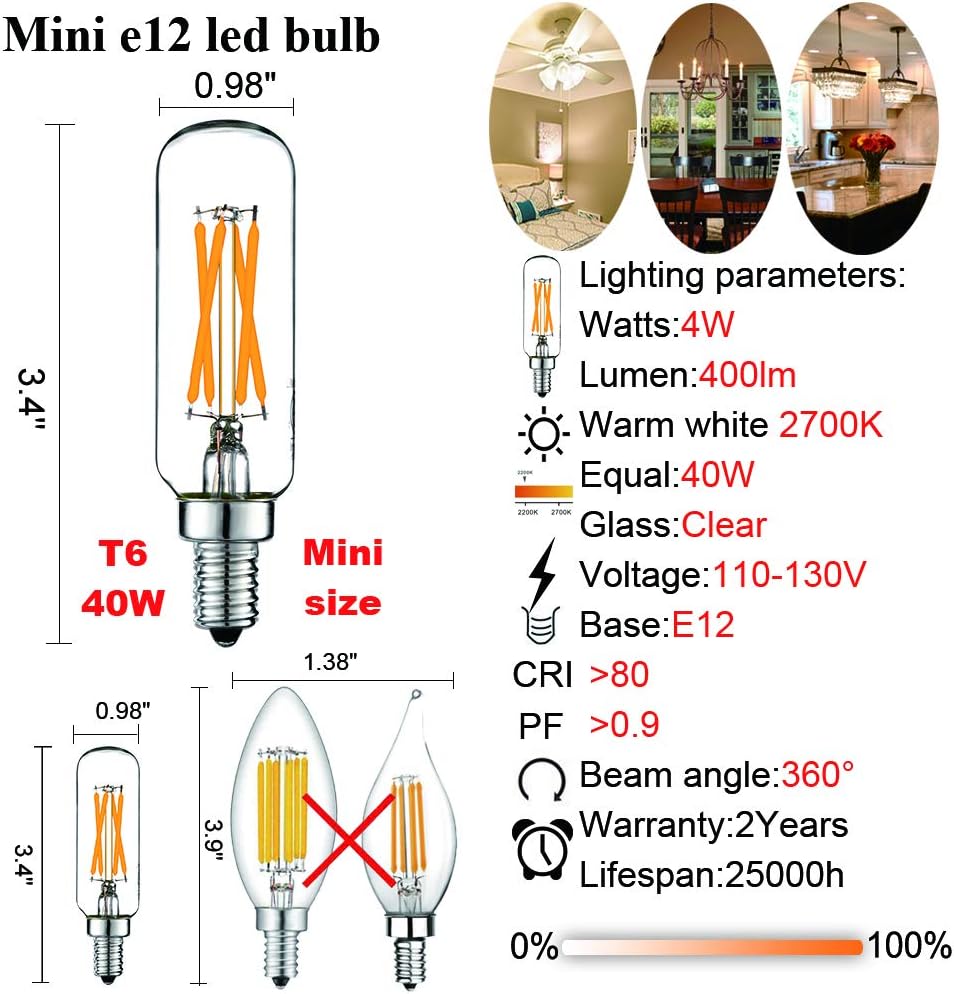 LiteHistory Dimmable t6 led Bulb 40W Candelabra led 2700K Clear 400lm 4W e12 Edison Bulb Warm White 6Pack
