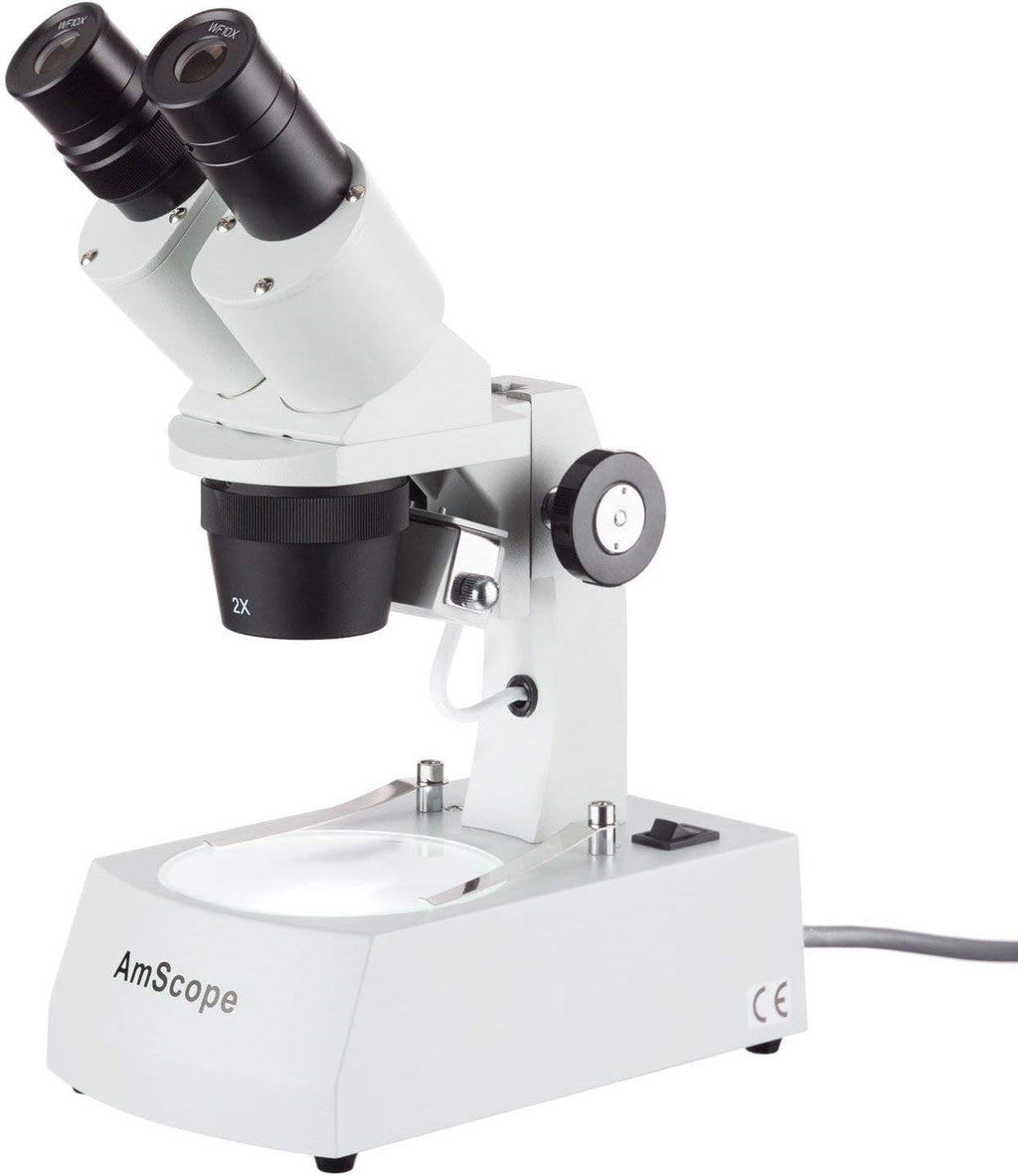 AmScope SE306R-AZ Forward-Mounted Binocular Stereo Microscope, WF10x and WF20x Eyepieces, 20X/40X/80X Magnification, 2X and 4X Objectives, Upper and Lower Halogen Lighting, Reversible Black/White Stage Plate, Arm Stand, 120V