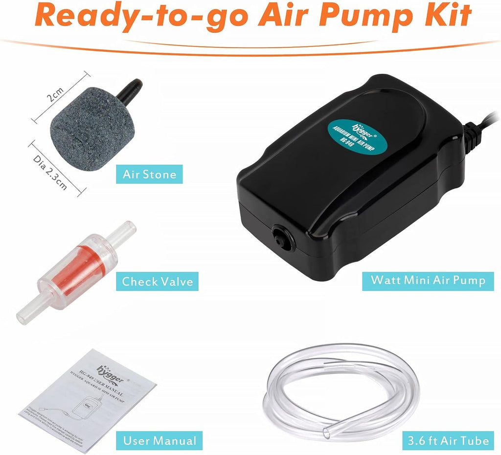 hygger Mini Aquarium Air Pump Kit Small Fish Tank Air Pump 1W for 5-20 Gallon Fish Bowl with Air Tube Air Bubbler Stone Check Valve