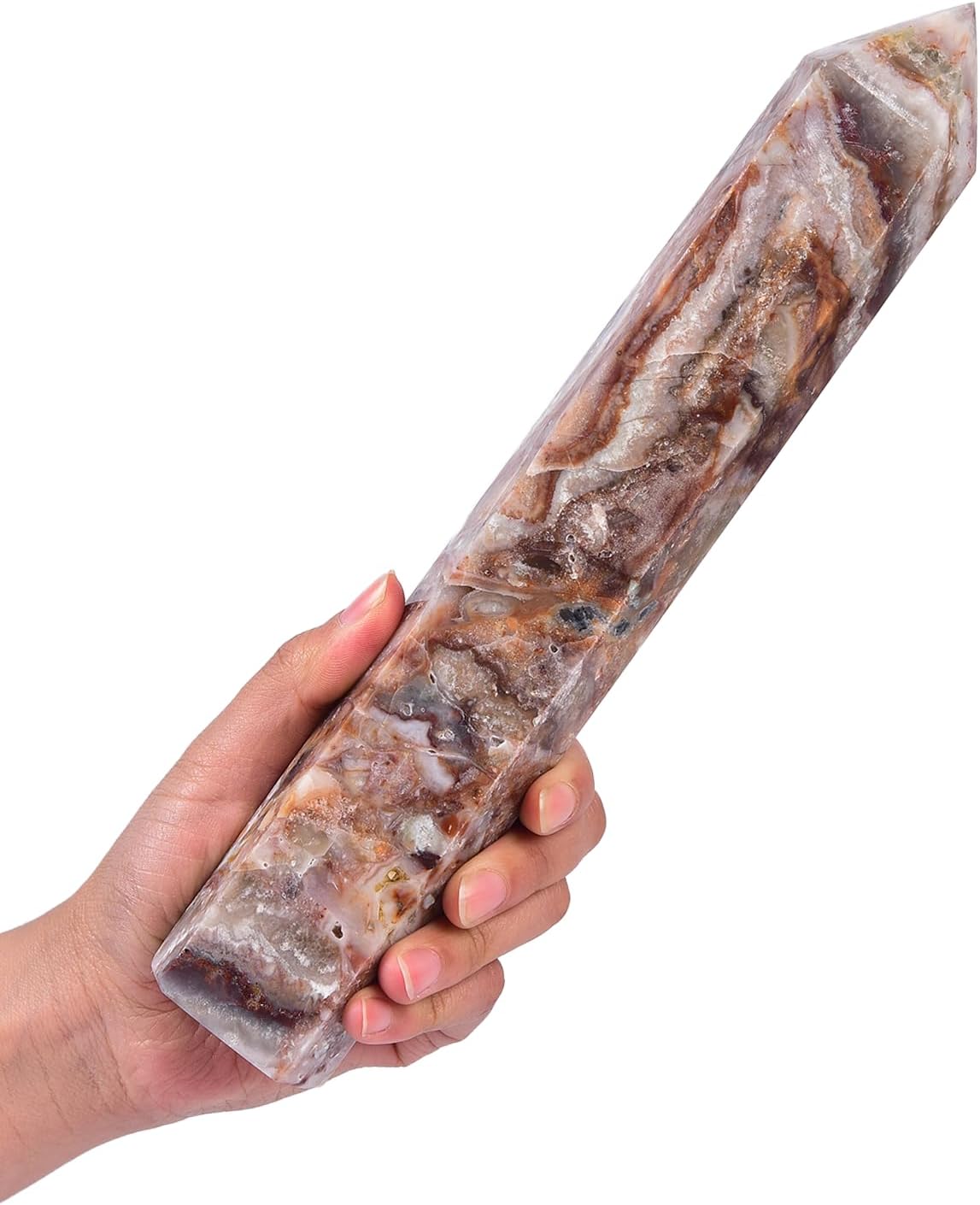 JIC Gem Large Gemstone Crystal Obelisk Points Wand 6 Faceted Striped Agate Healing Crystal Tower Wand Decor Chakra Stone Gift 1.7-2.2 Lbs