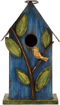 Glitzhome 9.7" H Hanging Bird House for Outdoor Patio Garden Decorative Pet Cottage Distressed Wooden Birdhouse, Blue Leaves