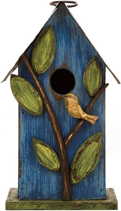 Glitzhome 9.7" H Hanging Bird House for Outdoor Patio Garden Decorative Pet Cottage Distressed Wooden Birdhouse, Blue Leaves