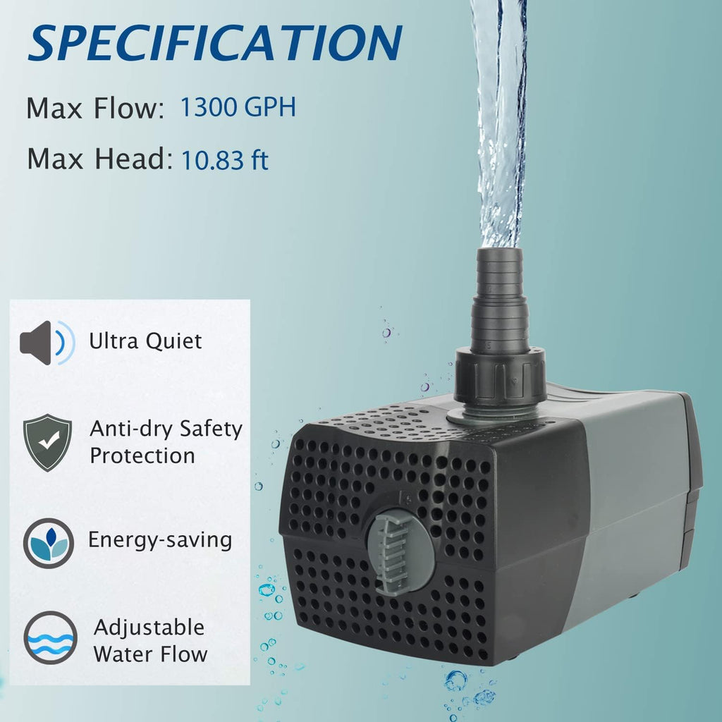 WaterRebirth HSUP5000F Versatile Submersible Pump - Fountain Jets for Ponds, Fish Tanks, Water Gardens - Aquarium & Pond Pump (5000L/H)