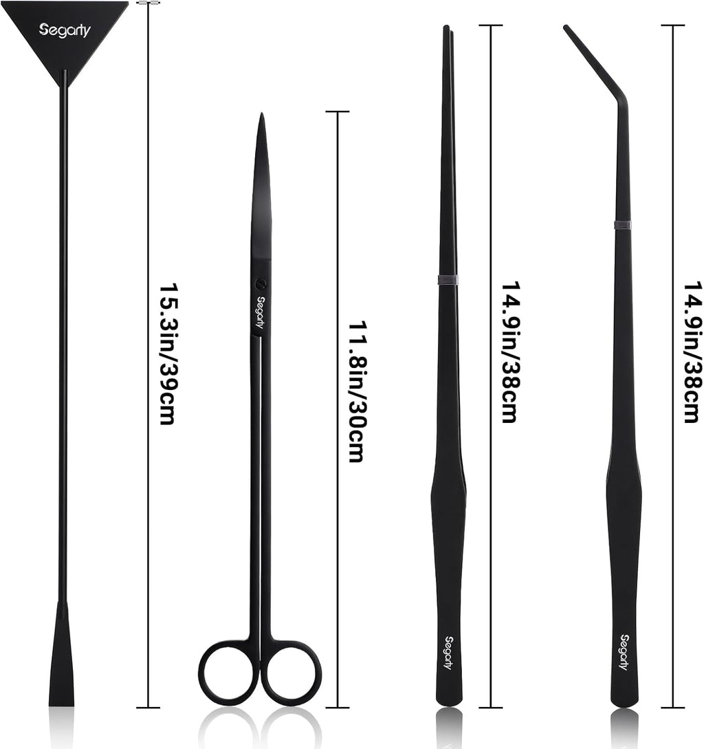 Segarty Longer Aquarium Aquascaping Tools, 4 in 1 Stainless Steel Black Aquarium Tools Kit for Aquatic Plant Fish Tank, Long Scraper Spatula Feeding Tweezers Curved Scissors Anti Rust Aquascape Set