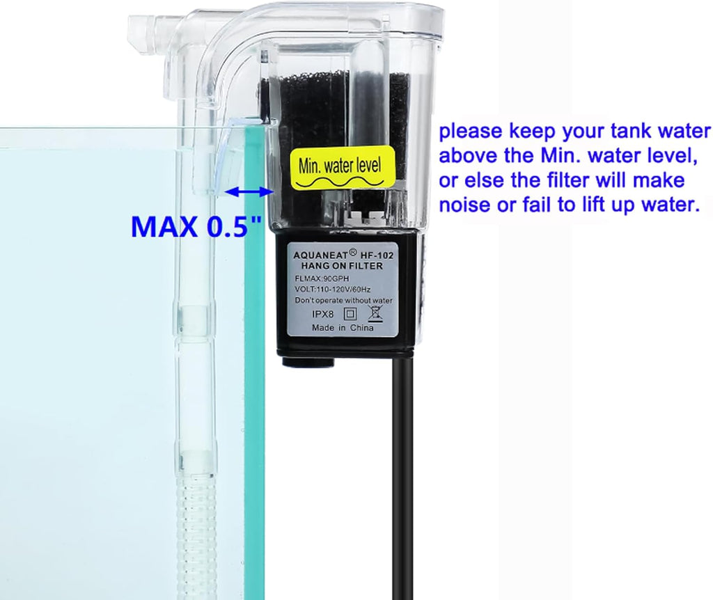 AQUANEAT Aquarium Hang on HOB Power Filter 5 Gallon Rimless Small Fish Tank Filter 90GPH (up to 5Gal)