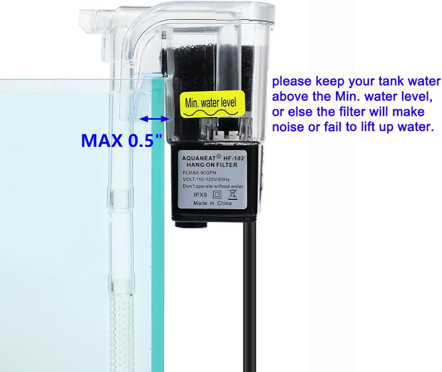 AQUANEAT Aquarium Hang on HOB Power Filter 5 Gallon Rimless Small Fish Tank Filter 90GPH (up to 5Gal)
