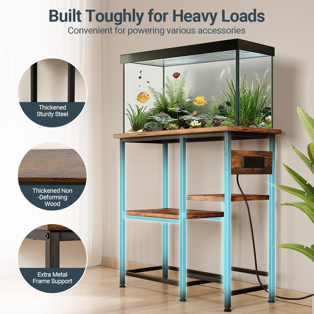 20-29-37 Gallon Fish Tank Stand with Power Outlet, Metal Aquarium Stand with Height-Adjustable Stoarge Shelves, 6-Leg Reptile Tank Stand, 400lbs Capacity