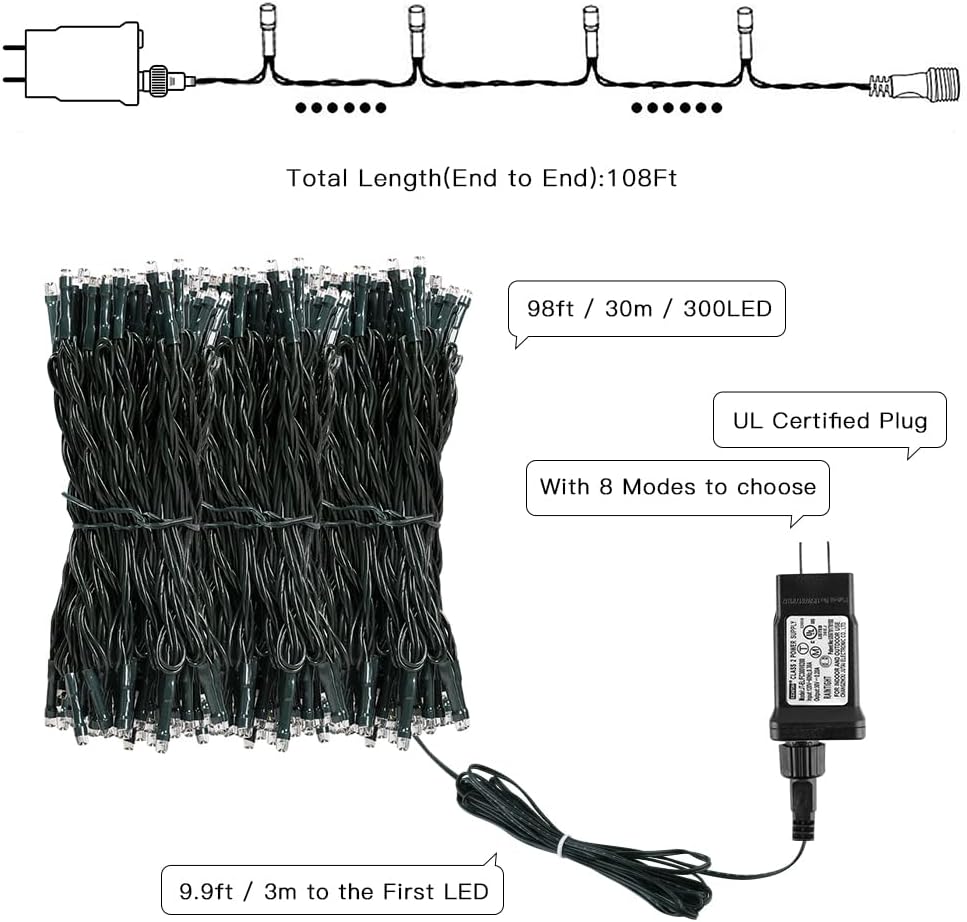AmyHomie Blue Christmas Lights, 108Ft 300LED Halloween String Lights Outdoor Waterproof, End-to-End Indoor Fairy Decorative Lights for Wedding, Party, Christmas Decor