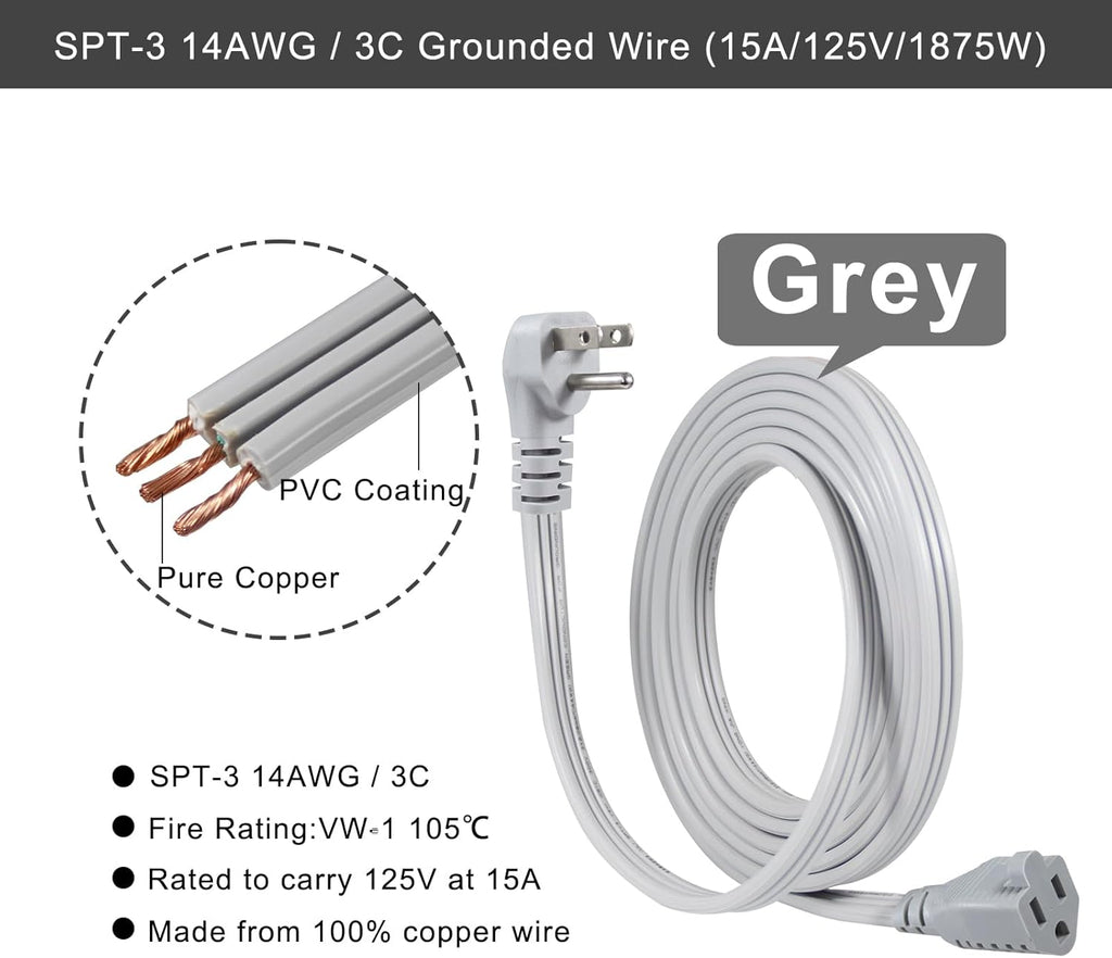KUNCAN Appliance Power Extension Cord - 3 Prong Flat Wire SPT-3 14 AWG Heavy Duty Male to Female Extender Low Profile Grounded Cable for Major AC Unit, Air Conditioner, Refrigerator (12 Feet)