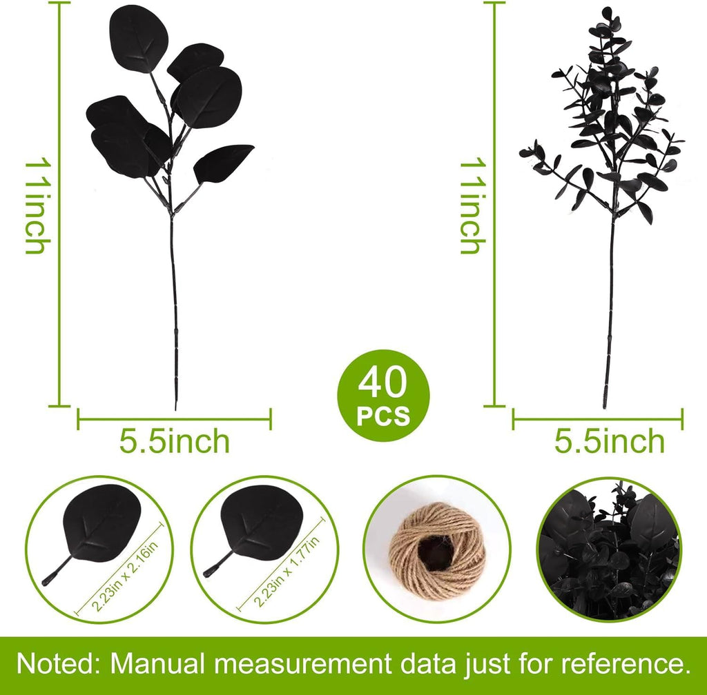 40 Pcs Artificial Black Eucalyptus Stems, Fake Eucalyptus Leaves Branches Bouquet for Flower Arrangement DIY, Black Silk Flowers for Home Halloween Farmhouse Decor