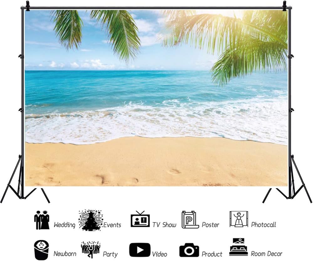 Leowefowa 8x6ft Sea Beach Backdrop Seaside Sand Beach Sea Wave Tropical Palm Leaf Photography Backdrops for Photo Shoots Holiday Party Adult Personal Portrait Photo Background Studio Props