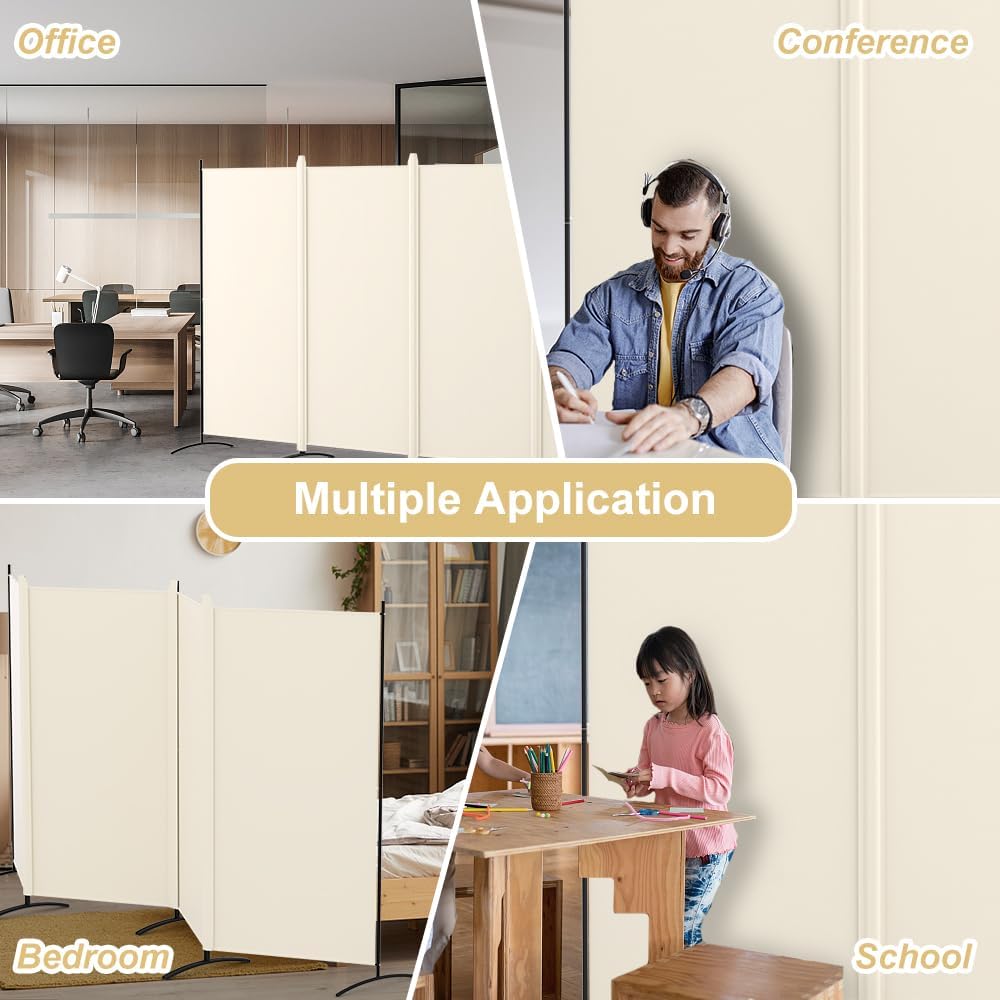 Kokorona 4 Panel Room Divider, 6FT Tall Folding Privacy Screen Wall Dividers, Portable Privacy Screen Freestanding Room Divider for Room Separation, Included - Cover Strips, Beige, 136''W x 71''H