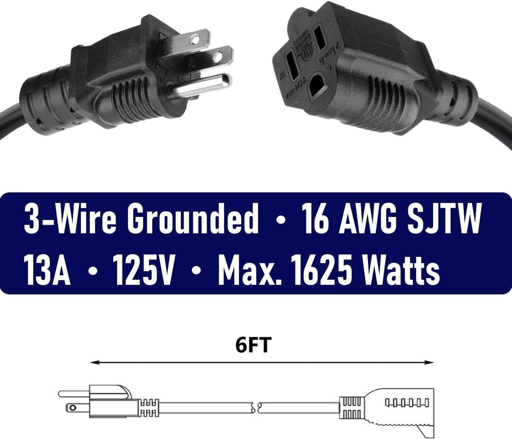 2 Pack 6FT Extension Cord Outdoor 16 AWG Heavy Duty Power Cord 3 Prong SJTW, NEMA 5-15P to NEMA 5-15R, Power Cable for Indoor and Outdoor Use, ETL Listed