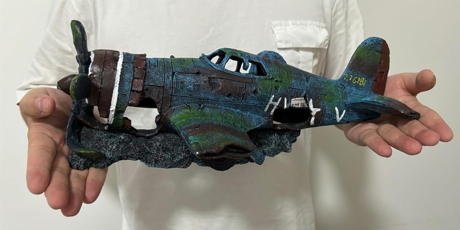 Fish Tank Decoration Fighter Vintage Airplane Ruins Submarine Landscape Fish Shrimp Shelter Cave Hideout Resin Aquarium Decor Turtle Tank Decoration