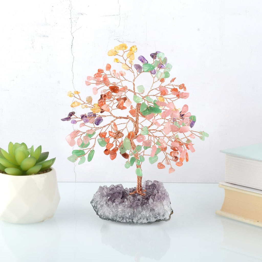 Gemstone Crystal Treeof Life,Chakra Tree Multi Stone Amethyst Cluster Base,Feng Shui Home Decor Bonsai Money Tree,Positive Energy Healing Crystals,Spriture Gift,Size 5.5"-6.3"