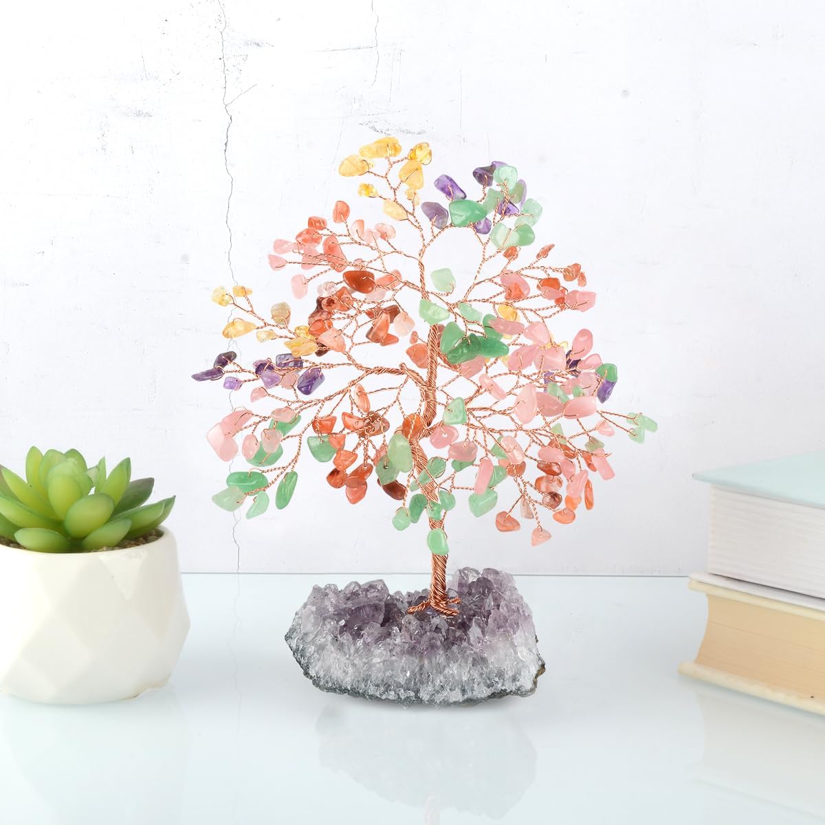 Gemstone Crystal Treeof Life,Chakra Tree Multi Stone Amethyst Cluster Base,Feng Shui Home Decor Bonsai Money Tree,Positive Energy Healing Crystals,Spriture Gift,Size 5.5"-6.3"