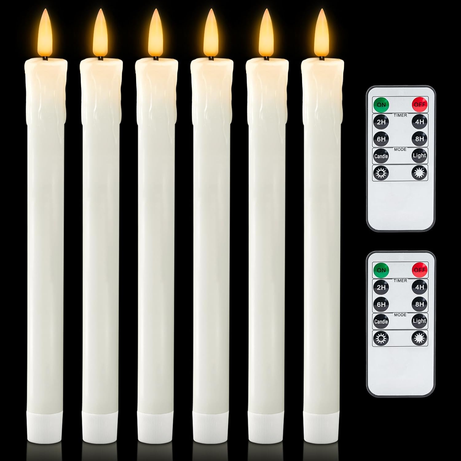 Homemory 6 PCS Real Wax Flameless Taper Candles with Remote, Flickering LED Candlesticks with Timer Dimmer, Fake Candles for Xmas Wedding Celebration Decor, White, 9.6 Inches