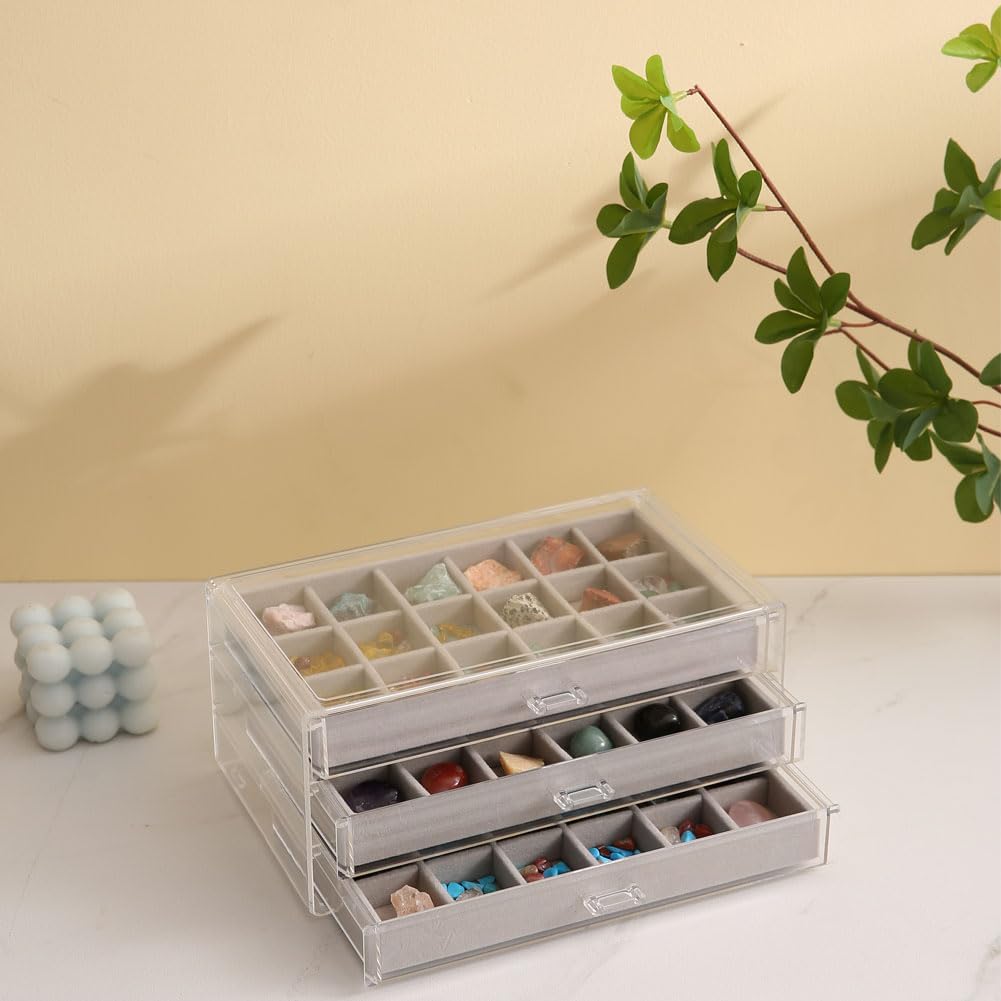 Acrylic Rock Collection Display Case with 54 Grids Storage Compartments Rock Collection Boxes Display Organizer Collection Storage Display Cases for Collectibles Crystal /Rock（Gery）