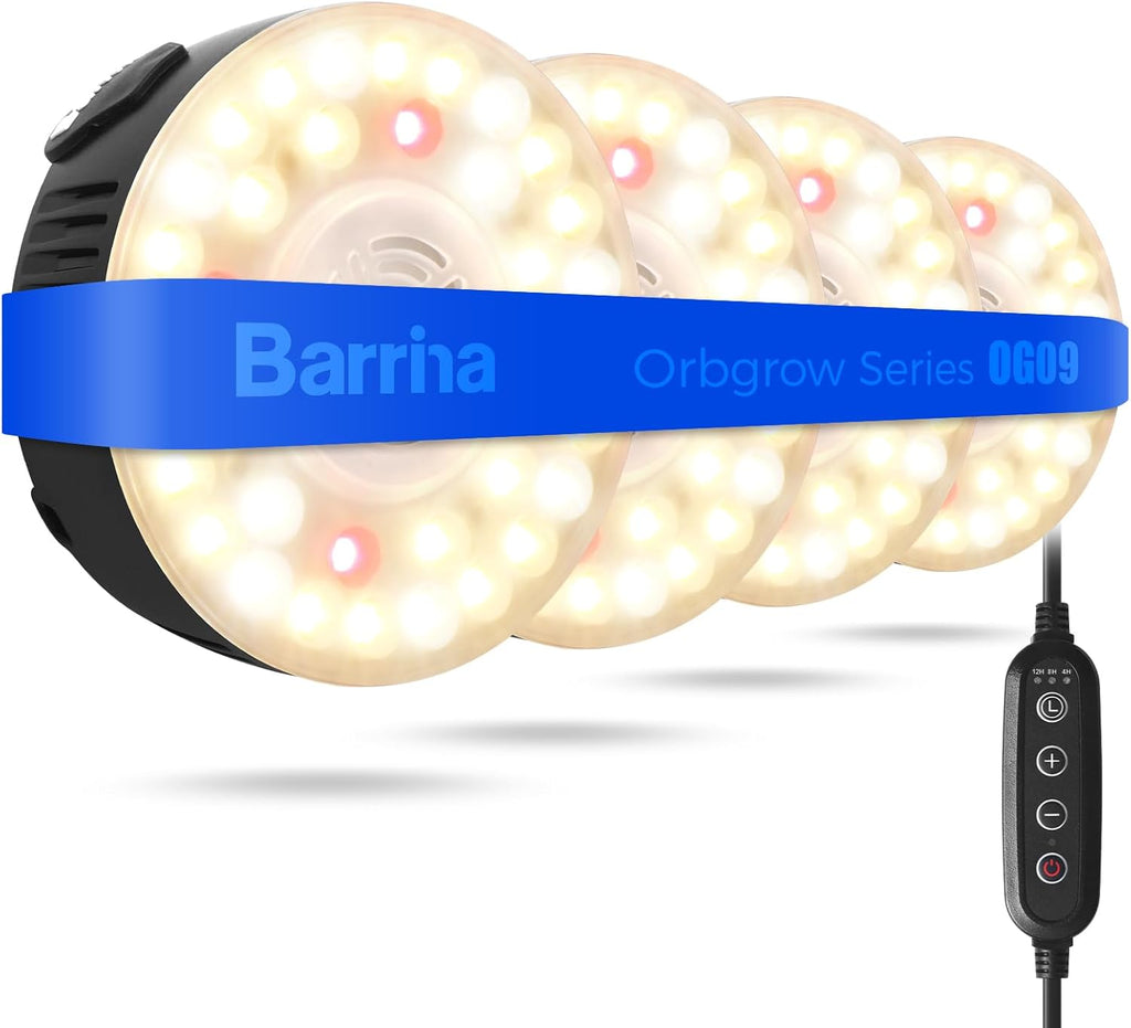 Barrina Orbgrow OG09 Puck Grow Light with Timer, 660nm Red LEDs, 36W(4 x 9W, 540 Watt Equiv), Full Spectrum Plant Light for Indoor Plants, Magnetic & Linkable, 5 Levels Dimmable, 4 Packs, Black