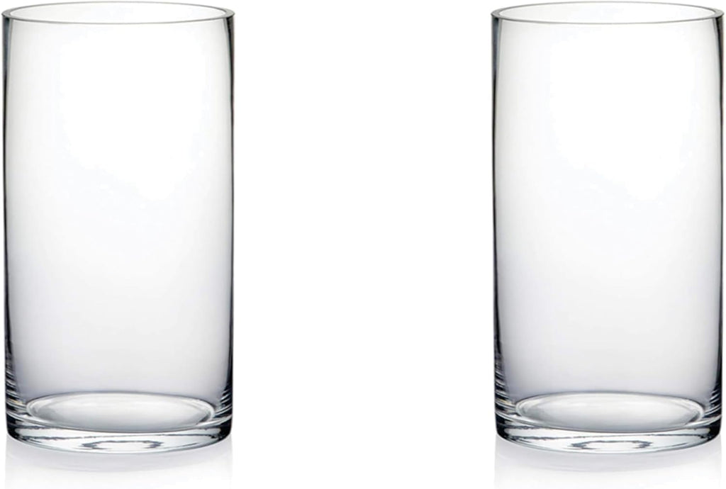 Large Hand Blown Sturdy Clear Cylinder Glass Vase, Centerpiece Flower Vase for Rose, Tulip, Boquets, Hurricane Candle Holder (2, 4"x7")