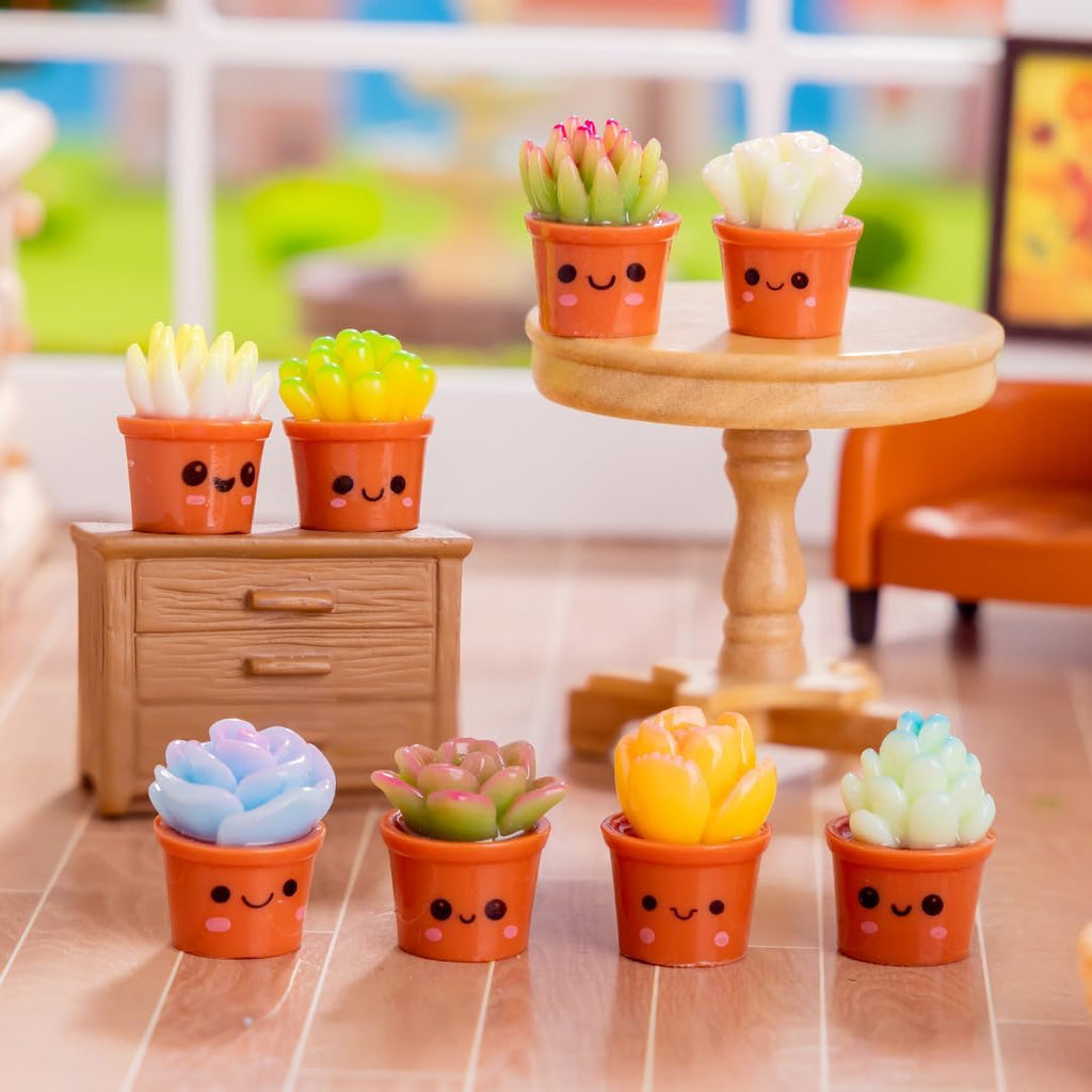 8 Pcs Succulent Planter Mini Resin Figurines with Smiley Face Flowerpots - Tiny Potted Flowers for Dollhouse Accessories, Courtyard, DIY Crafts, Desk, Car & Home Office Decorations