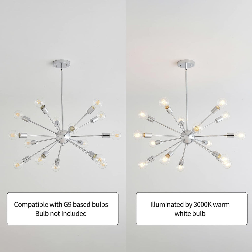 Mid-Century Sputnik Chandeliers 15-Lights, Modern Semi Flush Mount Ceiling Light Fixture Industrial Retro Hanging Lamps for Kitchen Living Room Dining Bedroom Corridor, Chrome（Bulb Not Included）