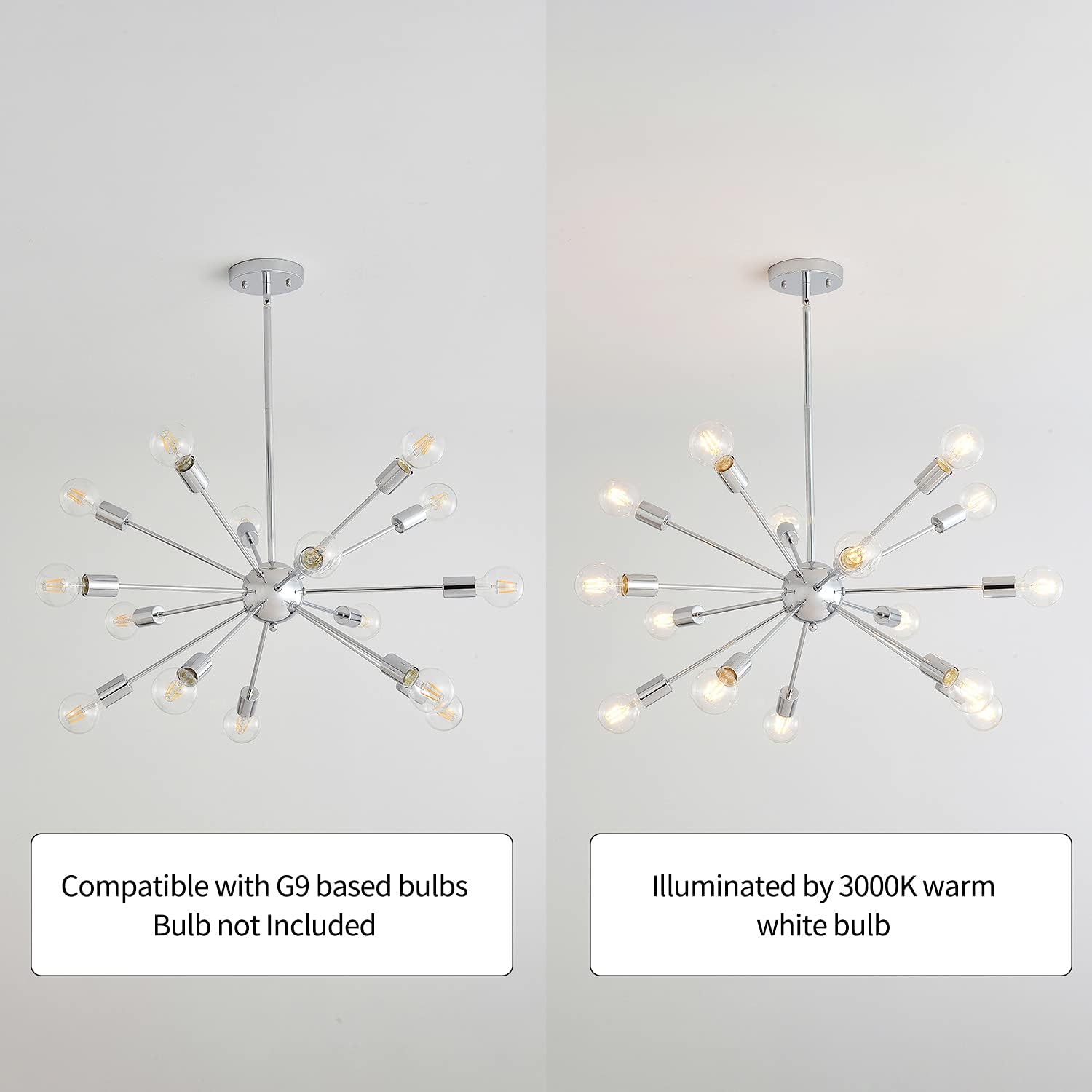 Mid-Century Sputnik Chandeliers 15-Lights, Modern Semi Flush Mount Ceiling Light Fixture Industrial Retro Hanging Lamps for Kitchen Living Room Dining Bedroom Corridor, Chrome（Bulb Not Included）