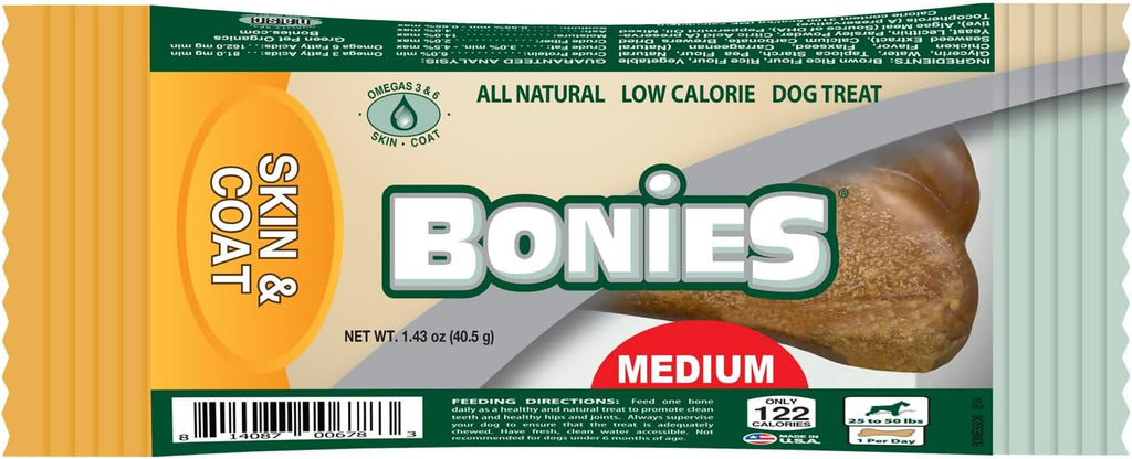 Bonies Natural Skin & Coat Formula Medium-Sized Single Bone - Promote Silky Coat & Healthy Skin, Healthy Teeth & Fresh Breath, Low Calories - Chicken Flavor, [Medium Dog], 1 Bone