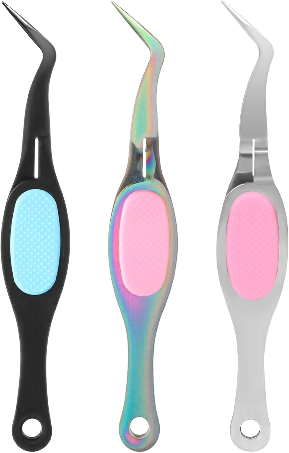 3 Pack Reverse Tweezers Craft Sticker Tweezer Crossing Locking Curved Crafting Tweezers, Stainless Steel Curved Tip Tweezer for Jewelry Beading, Electronics DIY Craft (Rainbow, Silver, Black)