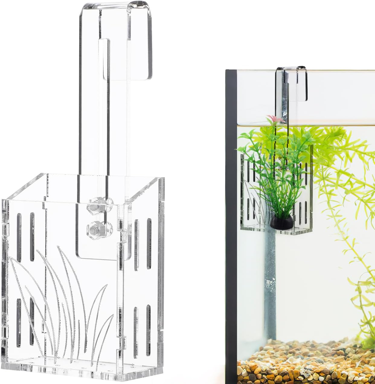 POPETPOP Hanging Aquarium Plant Holder : Transparent Acrylic Aquarium Planter with Hook Plant Holder for Fish Tank, 5.89X2.36X1.18in