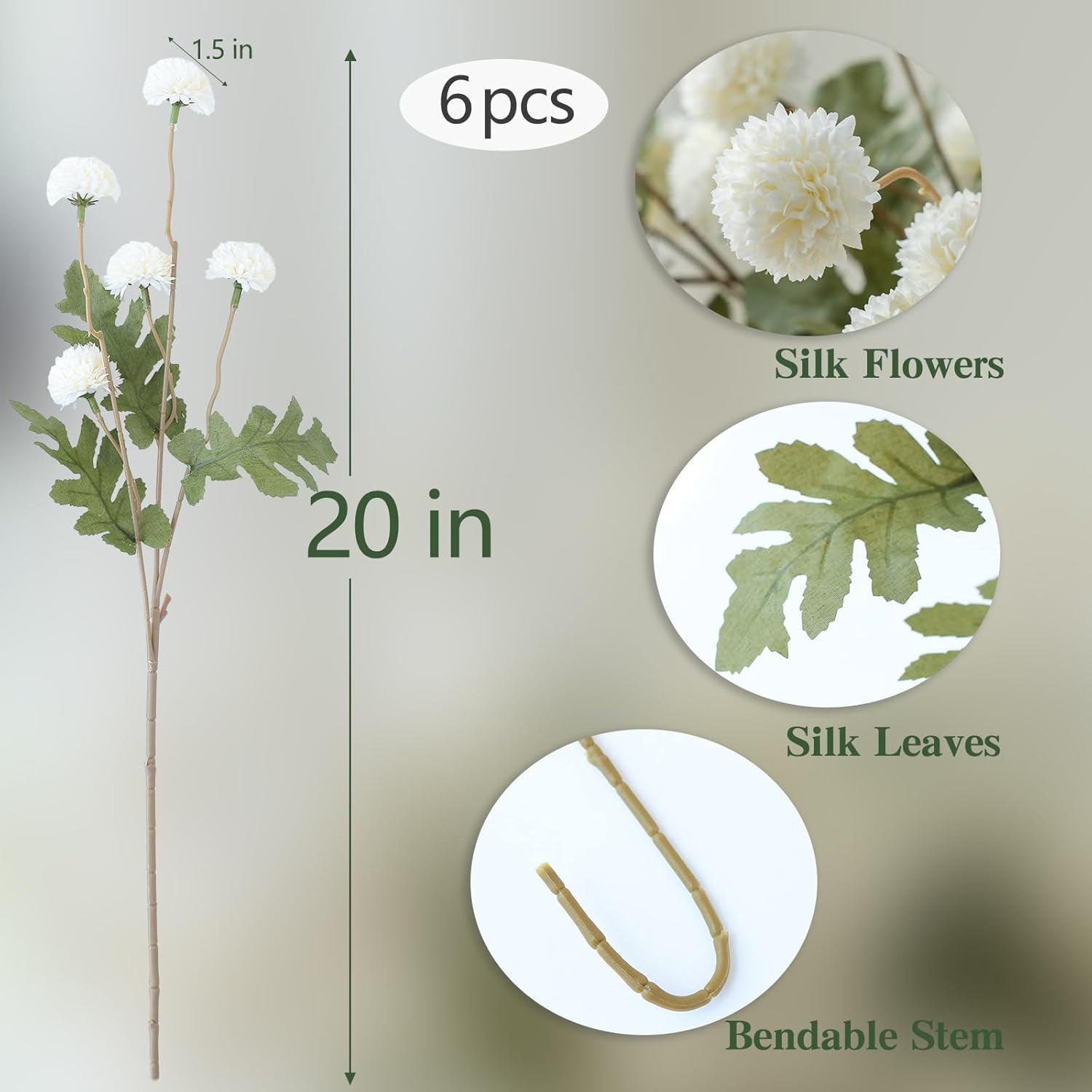 mizii 6Pcs White Fake Silk Pompon Mum Artificial Flowers Bulk Small Faux Chrysanthemums with Stems Realistic Floral Decorations for Wedding DIY Bouquet Centerpieces Shower Vase Home Decor (White)