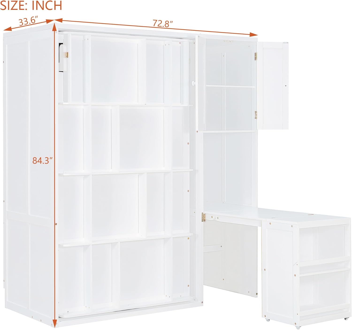 MERITLINE Twin Murphy Bed with Storage Bookcase Bookshelf, Extendable Desk and Cabinet, Wood Rotatable Hidden Murphy Bed with Desk and Shelves,for Adults (White)