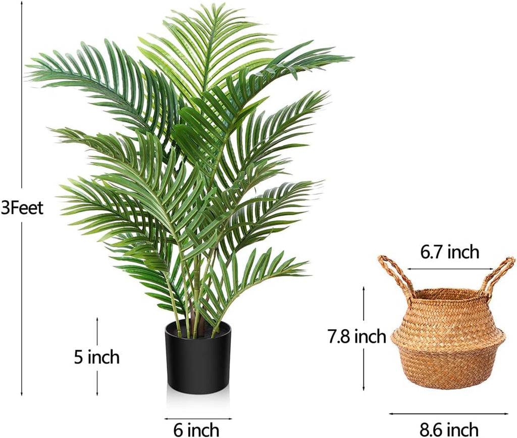 LOMANTO Fake Majesty Palm Plant 3Ft Artificial Plants for Home Decor Indoor Small Faux Trees in Pot Fake Tropical Plants for Housewarming Gift 2Pack