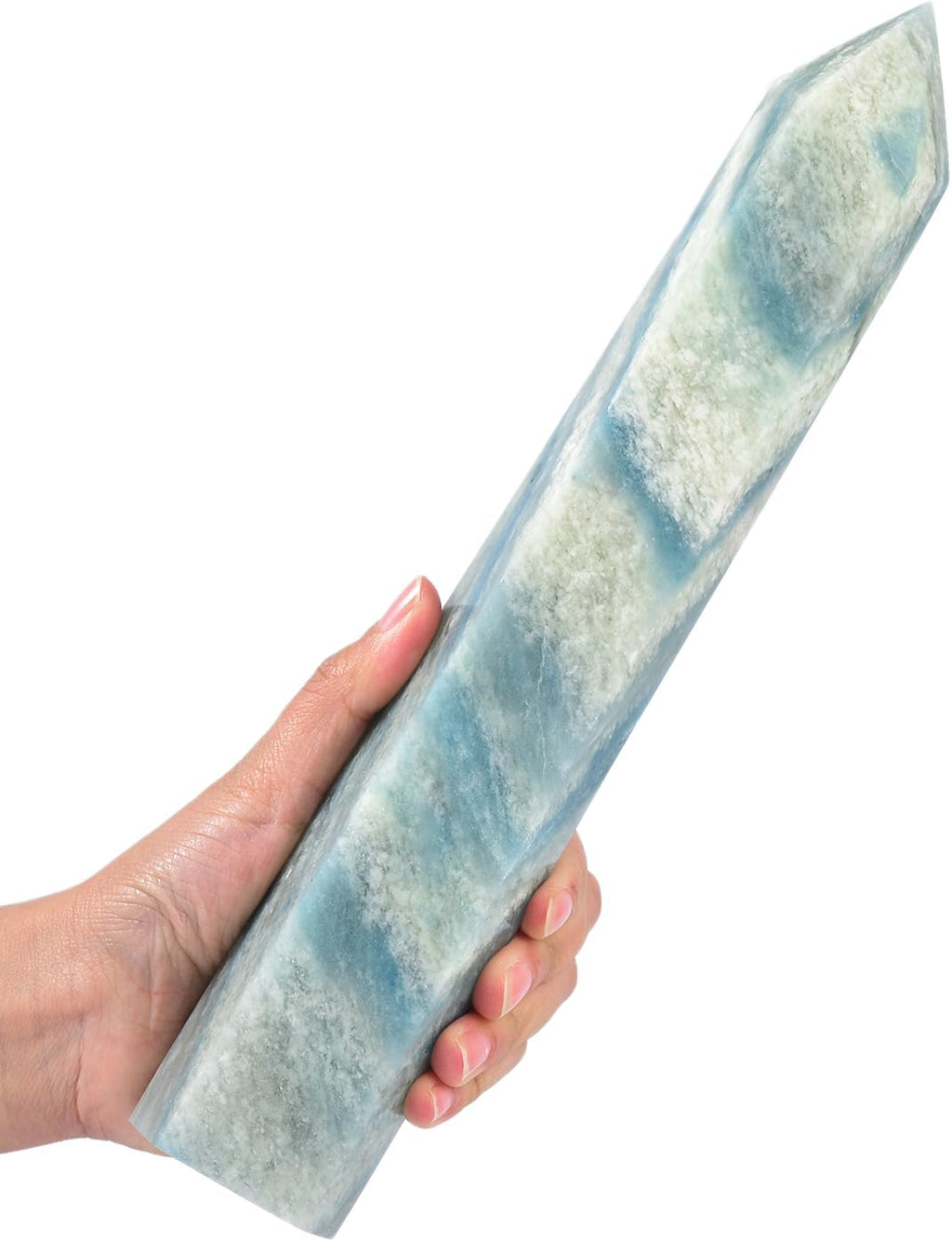 JIC Gem Large Trolleite Obelisk Tower Points Healing Crystal Wand 6 Faceted Blue Quartz Crystals Tower Wand Home Decor Reiki Healing 2.6-3.0 Lbs