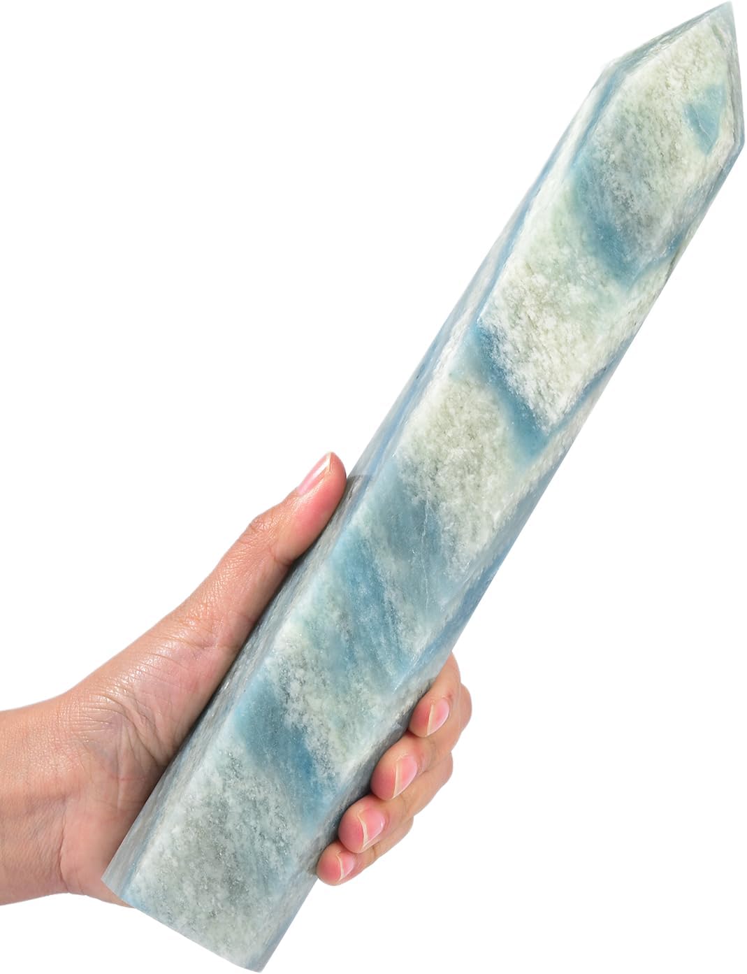 JIC Gem Large Trolleite Obelisk Tower Points Healing Crystal Wand 6 Faceted Blue Quartz Crystals Tower Wand Home Decor Reiki Healing 2.6-3.0 Lbs