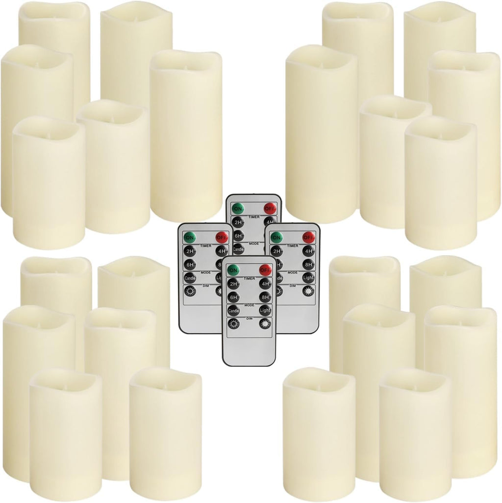 Set of 24 Waterproof Outdoor Flameless Candles, LED Candles with 4 Remote and Timer,(H 4" 5" 6" x D 2.2"),for Christmas,Halloween,Wedding,Festival