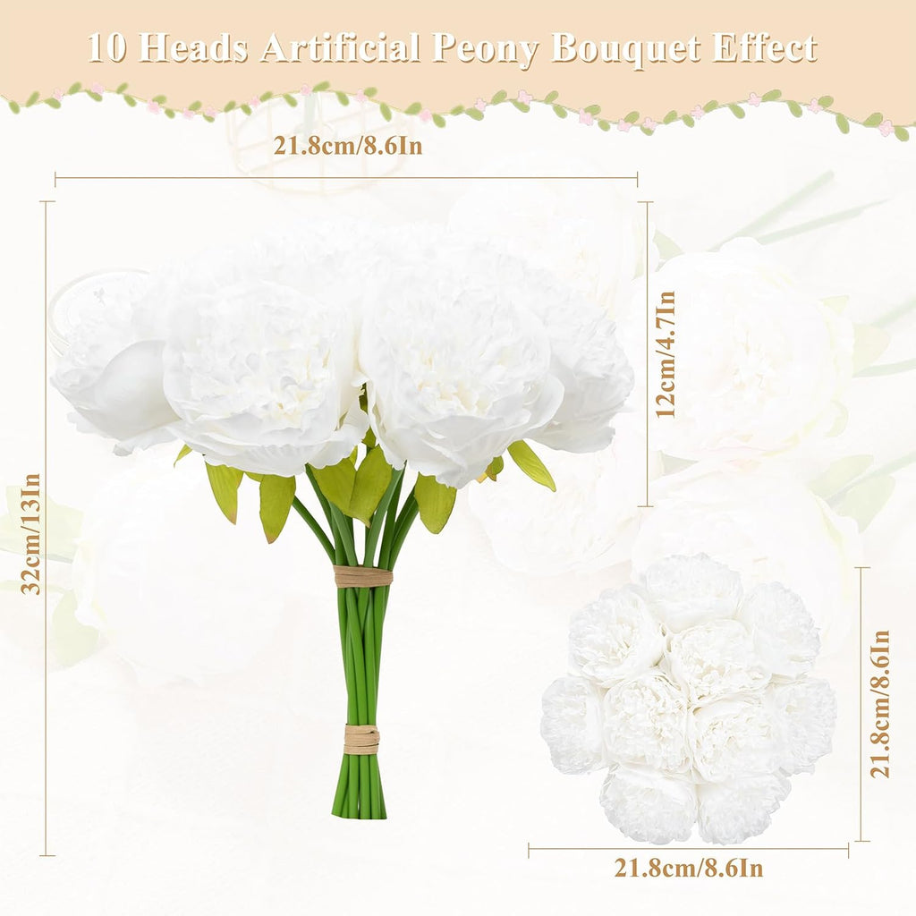 U'Artlines Artificial Peony Silk Flower with Stems 10pcs Real Look Vintage Peonies for Home Wedding Decoration(Pure White)