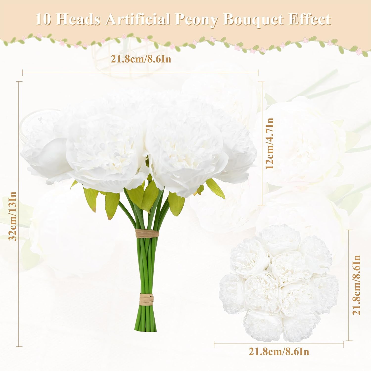 U'Artlines Artificial Peony Silk Flower with Stems 10pcs Real Look Vintage Peonies for Home Wedding Decoration(Pure White)