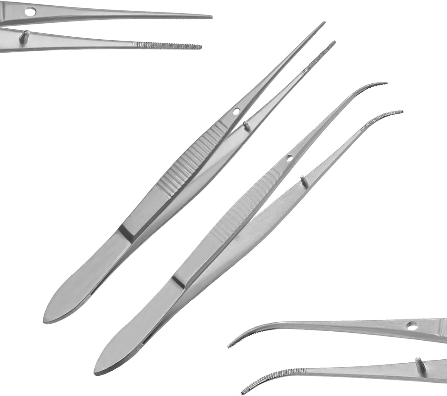 Splinter Forceps - Fine Point - Tweezers Stainless Steel Straight & Curved (Set of 8 Pcs W Magnifying Glass)