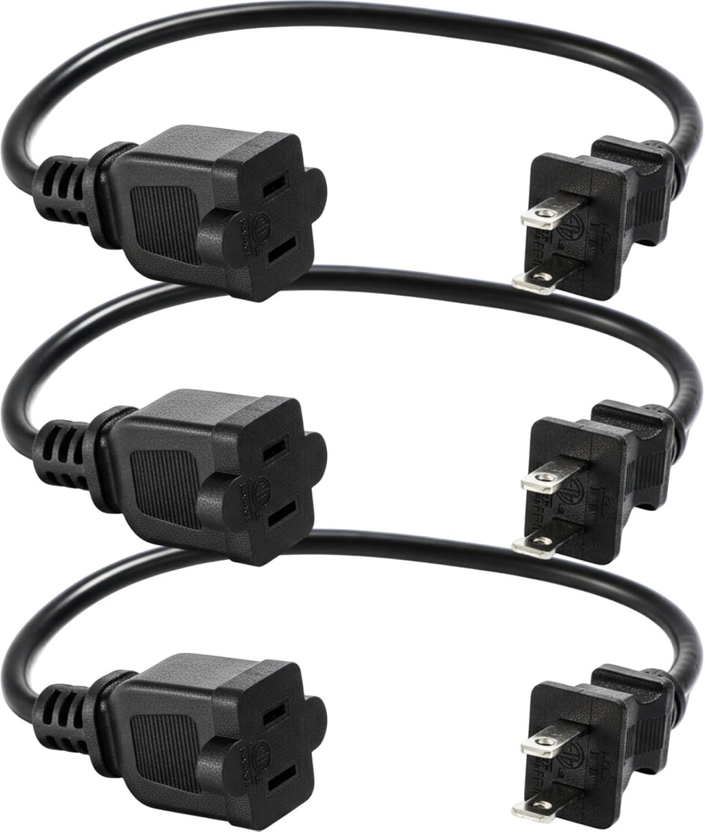 Kanayu 3pcs Black 2 Prong Extension Cords, Male and Female Power Cables, Flexible for Home, Office and Christmas Lights (1ft)