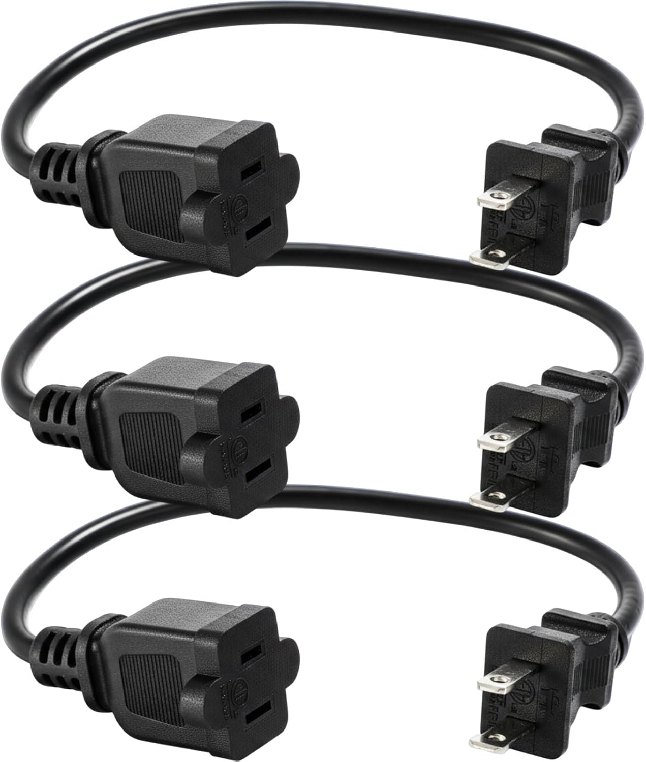 Kanayu 3pcs Black 2 Prong Extension Cords, Male and Female Power Cables, Flexible for Home, Office and Christmas Lights (1ft)