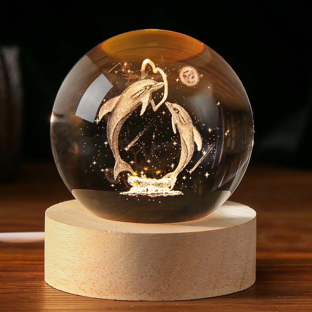 Dolphin Gift 3D Dolphins Figurines in Crystal Ball 60mm Laser Engraved Glass Sphere Home Decor with Wooden Light Base