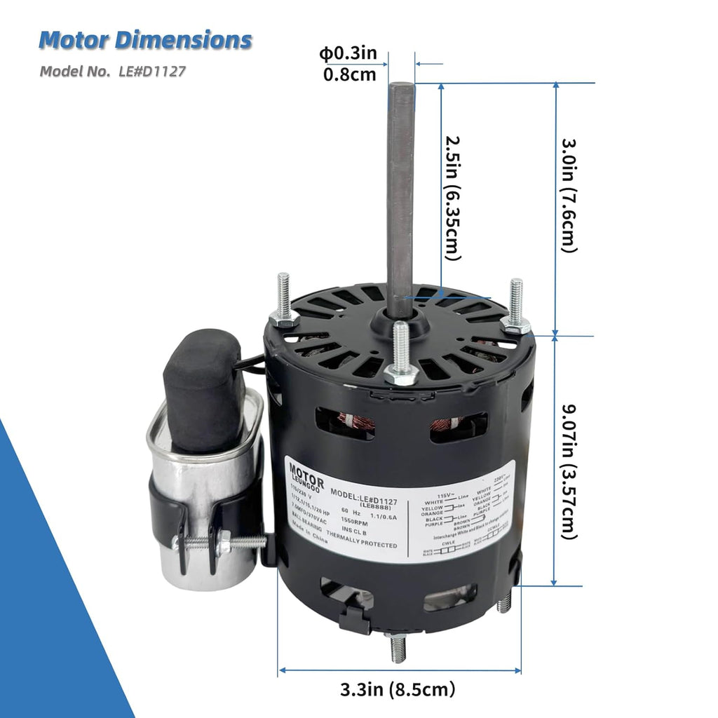 9721, D1127 Refrigeration Fan Motor Replaces Fasco Blower D1101 1126 Century 9650 AO Smith 9656 Bohn 25309101 5008, 1/12HP, 1/15, 1/20HP, 3.3in 1550RPM 115/230V, 60Hz 1.1/0.6A PD1127 EM1127