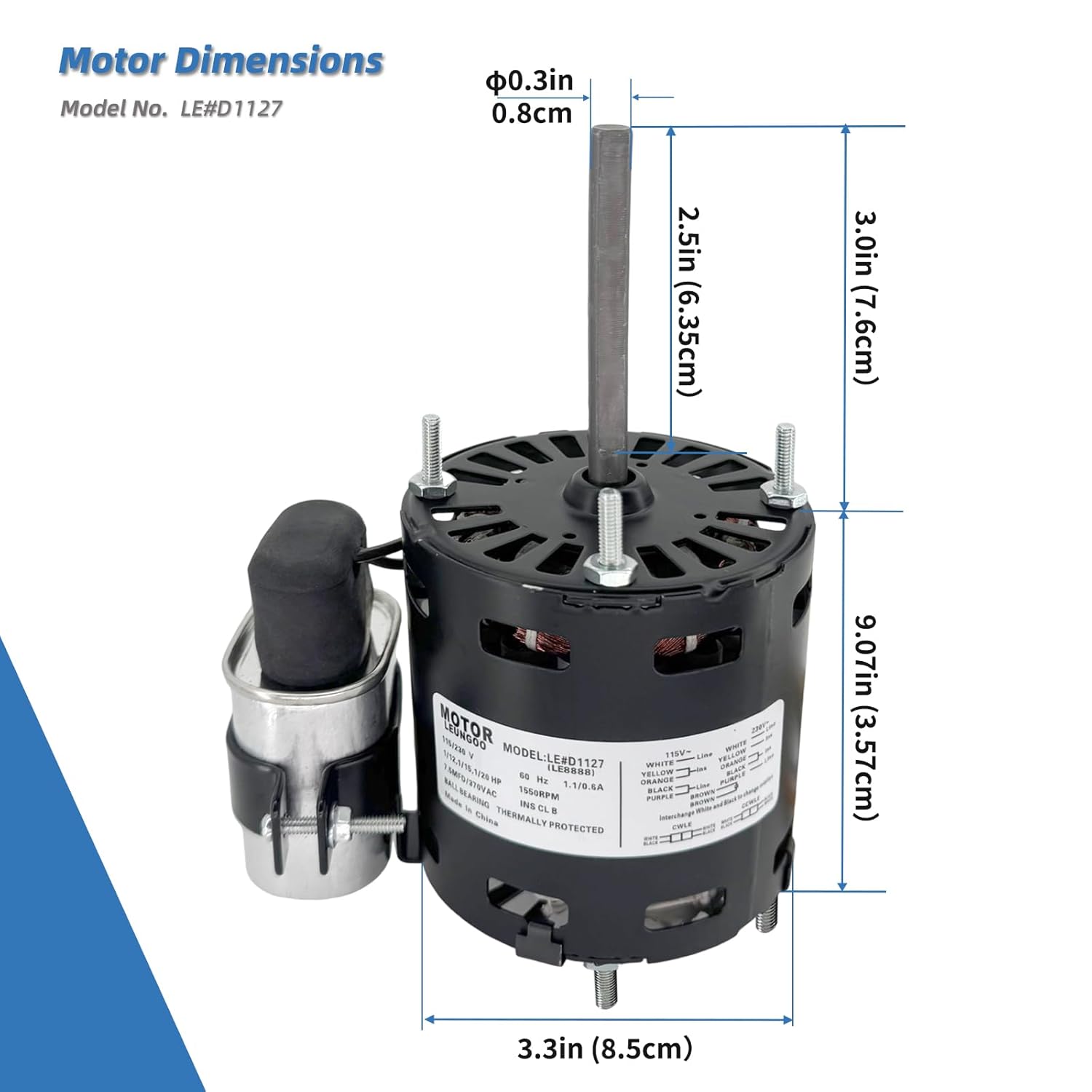9721, D1127 Refrigeration Fan Motor Replaces Fasco Blower D1101 1126 Century 9650 AO Smith 9656 Bohn 25309101 5008, 1/12HP, 1/15, 1/20HP, 3.3in 1550RPM 115/230V, 60Hz 1.1/0.6A PD1127 EM1127