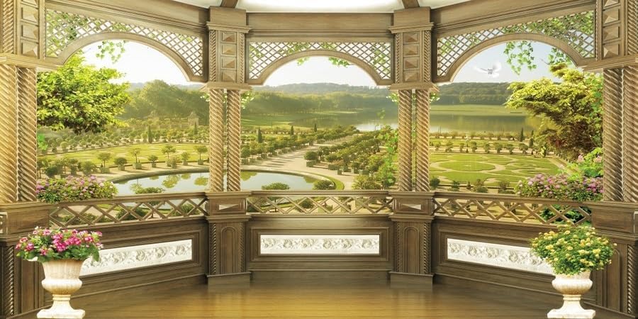 10x5ft Window Scenery Backdrop Golden Vintage Fence Green Tree Mountain Lake Nature Park Landscape Photography Background Party Birthday Wedding Bridal Studio Photo Props Polyester
