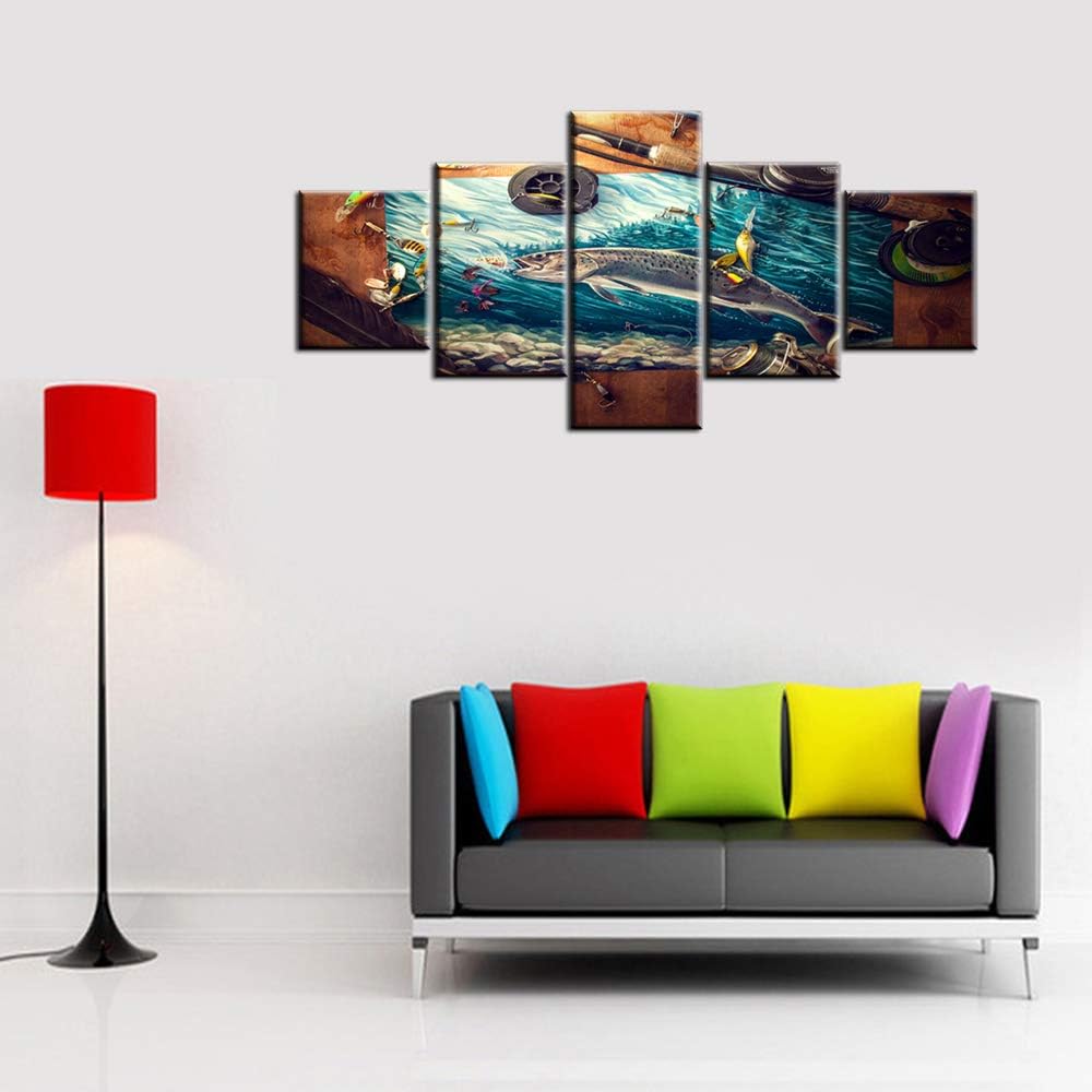 House Decorations Living Room Fishing Tackle Pictures Seascape Fish Paintings Multi Panel Canvas Wall Art Giclee Underwater World Artwork Framed Ready to Hang Poster and Prints Gift(50''Wx24''H)