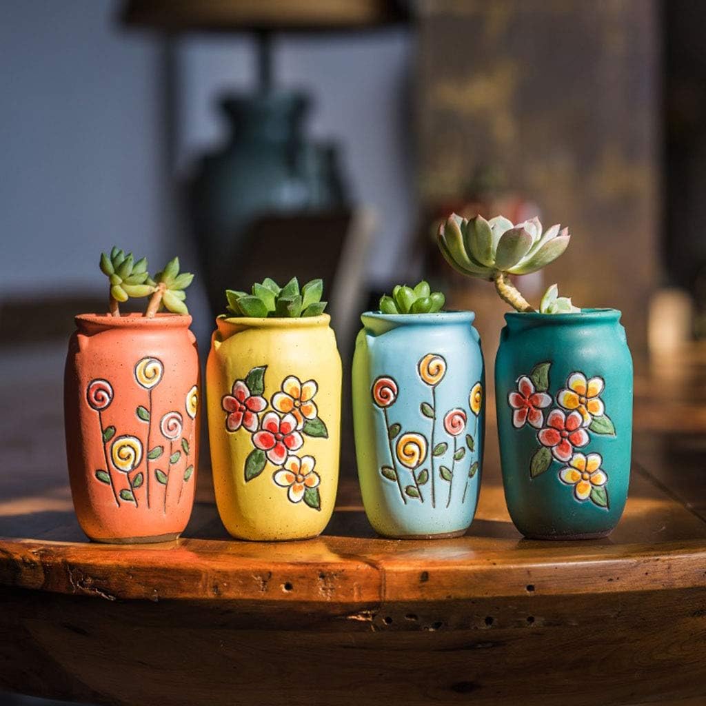 2.5 Inch Hand Painted Round Succulent Cactus Planter Pot Clay Pot Ceramic Plant Pot with Drainage Hole and Saucer Set of 4 (Green Yellow Orange Blue)