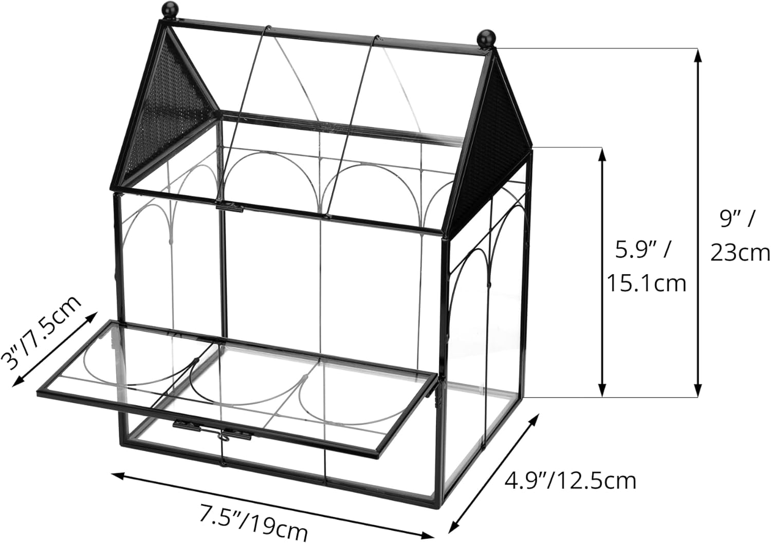 NCYP Glass Enclosure with Vent Holes for Insect, Jumping Spiders - 7.5" x 4.9" x 9" Small Closed Front Opening Door Succulent Terrarium - House Shape Habitat, Home Decor Black (No Plants)