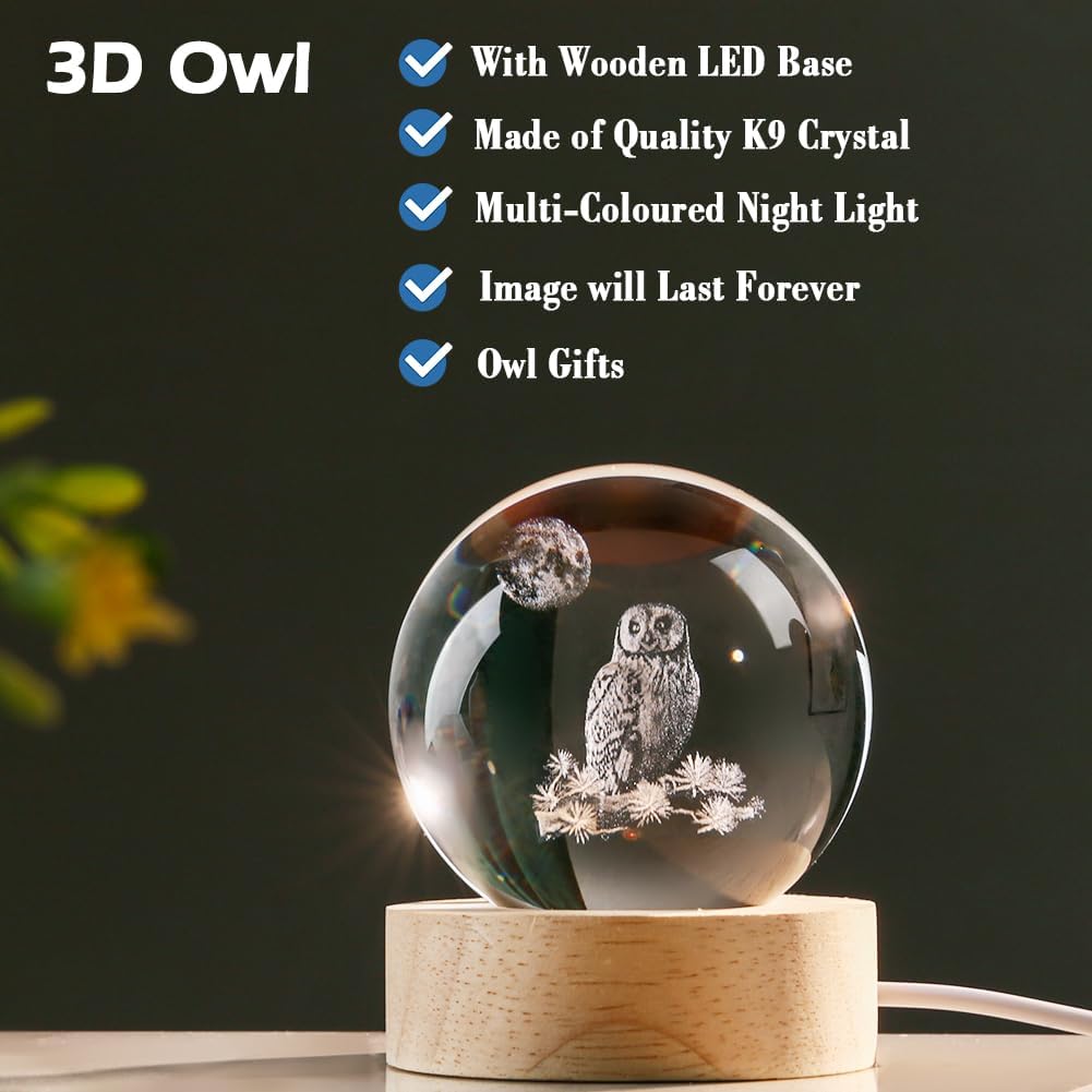 3D Owl Crystal Ball 60mm Owl Figurines in Crystal Ball Decor Collectibles Snow Globes Gift Glass Sphere with Wooden Light Base